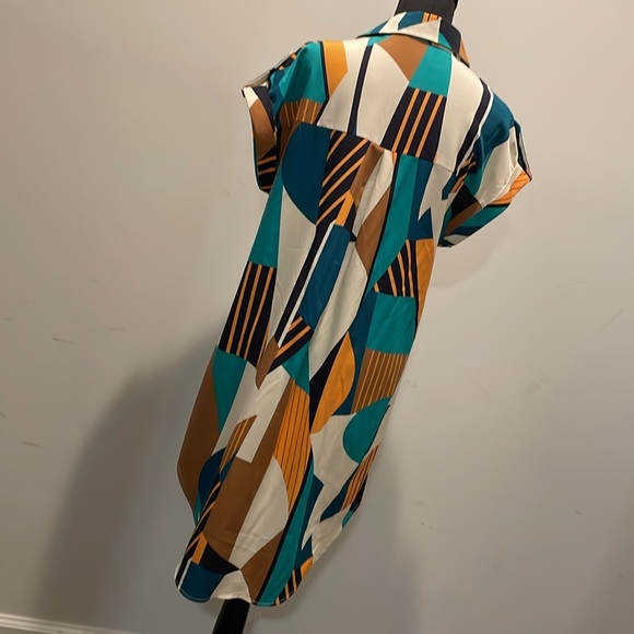 SHIEIN Shirt Dress Women Size M Button Front Multicolor Geo Print Short Sleeves - Picture 4 of 14
